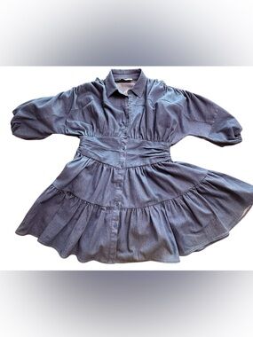 Petal & Pup Blue Denim Dress Tiered Ruched 3/4 Sleeves Button Collar